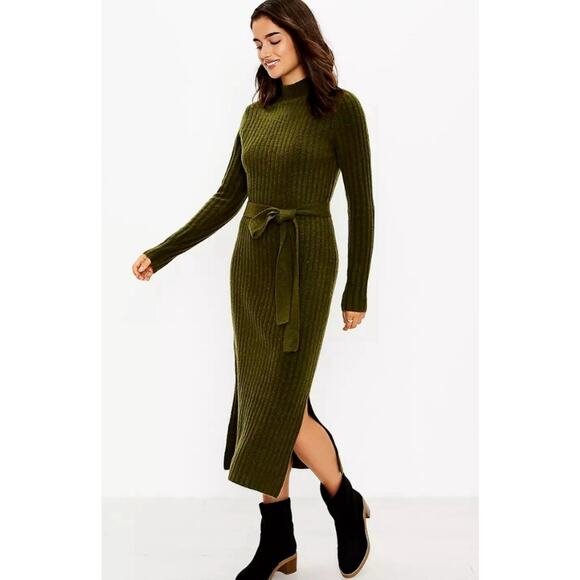 LOFT Dress Ribbed Mock Neck Midi S Sweater Knit Geen Long Sleeve NEW! - Picture 1 of 10